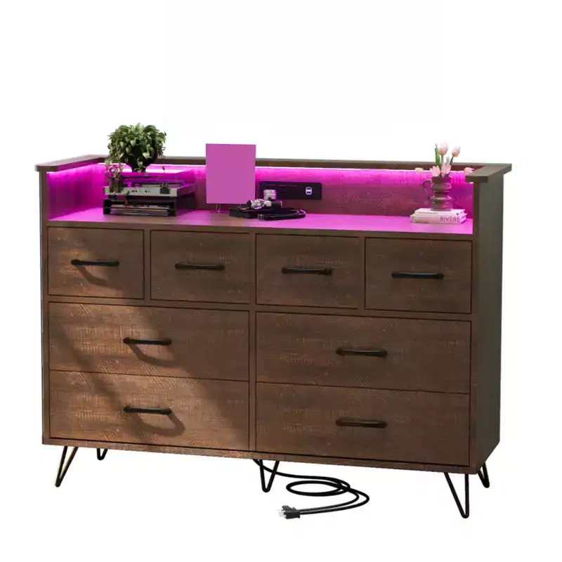 COZONY Dresser TV Stand 8-Drawer Wooden Entertainment Center with LED Light Charging Station Wide Storage for Bedroom Living Room