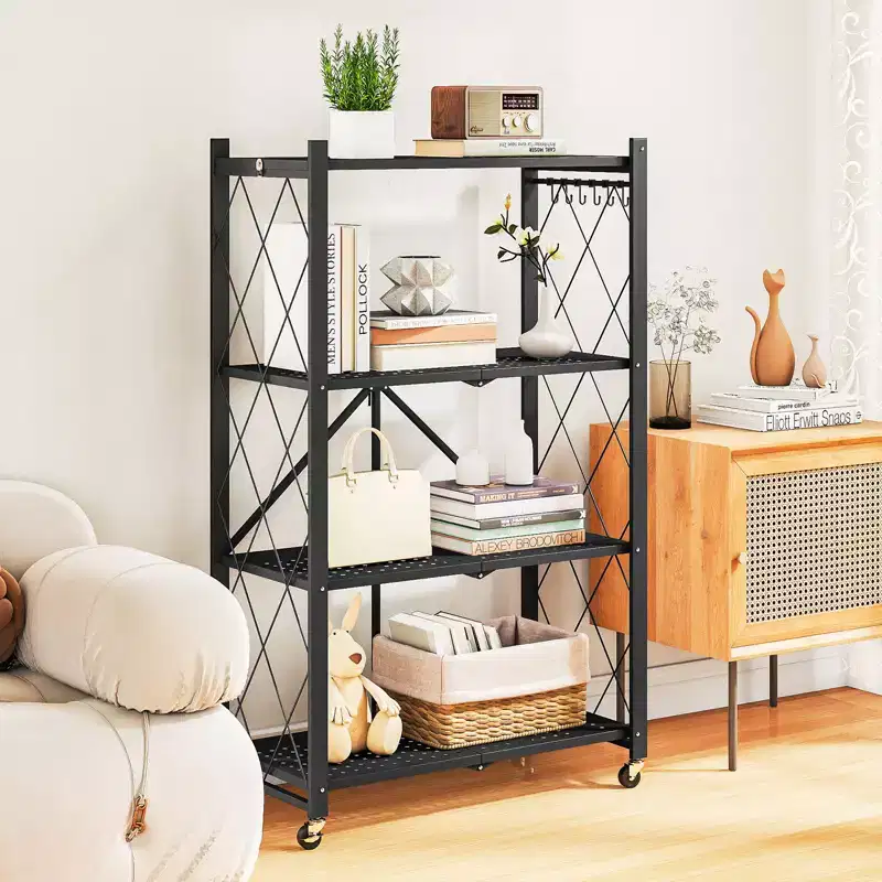 Foldable Storage Shelf 4-Tier with Wheels 600 lbs Capacity No Assembly Steel Rack Black