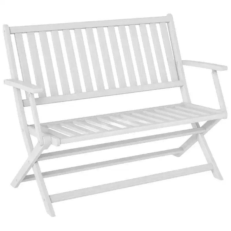 Outsunny 2-Person Foldable Wood Outdoor Bench with Backrest and Armrests for Patio, Garden, Porch, Park, Balcony, White
