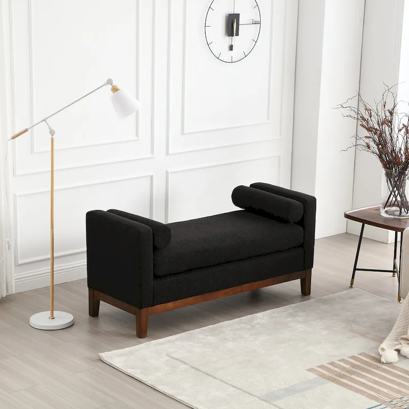 Upholstered Bench Wood Legs and Bolster Pillows