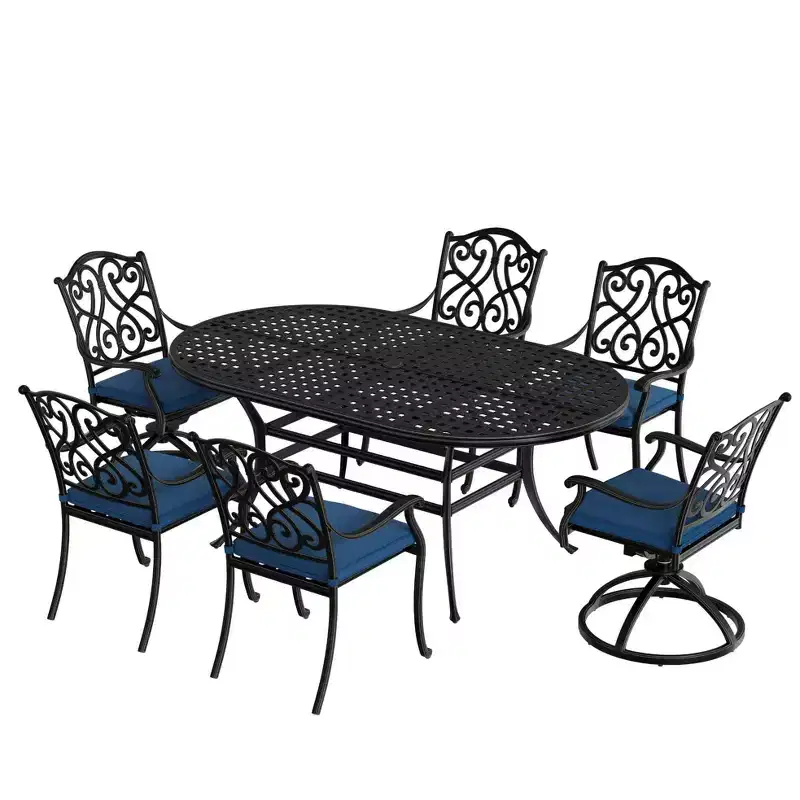 Mondawe 7 Pieces Cast Aluminum Outdoor Table Dining Set with 4 Dining Chairs & 2 Swivel Rockers