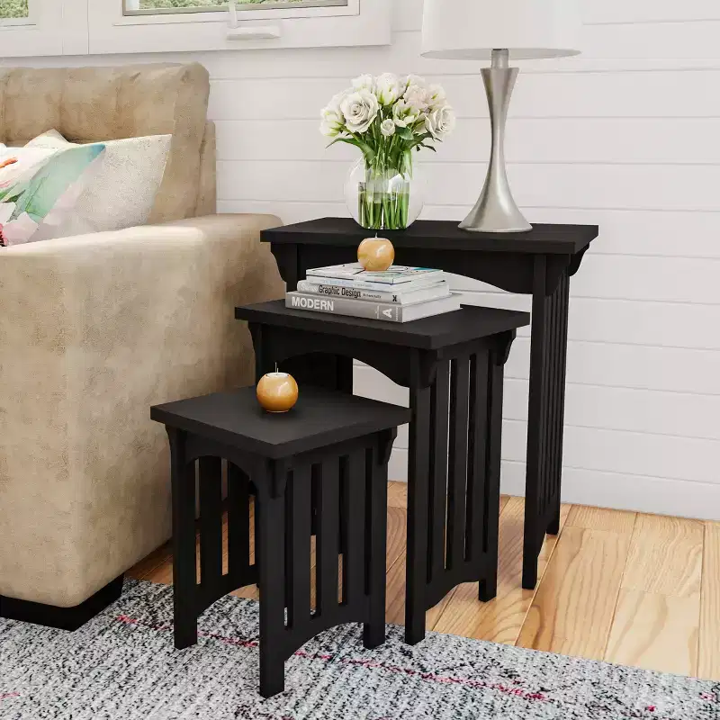 Set of 3 Nesting Tables - Traditional Coffee Tables with Mission Style Legs for Living Room, Black
