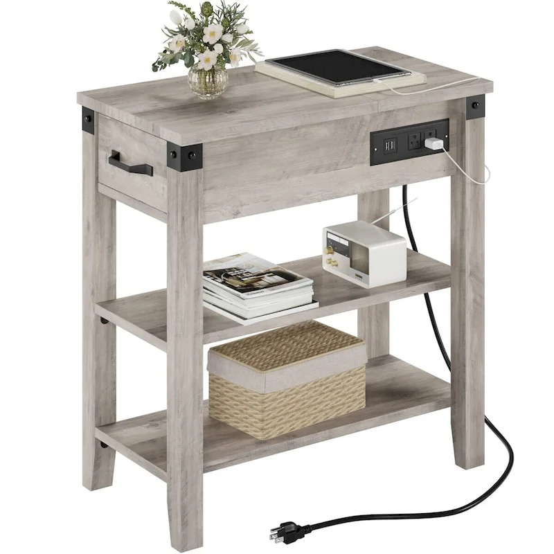 Grey Narrow Side Table with Drawer, Flip Top & Charging Station – 1 Person Assembly