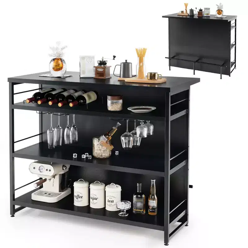 Costway Industrial Kitchen Island Bar Table 4-Tier Storage Shelf Drinks Rack Glass Holders Black/Rustic Brown