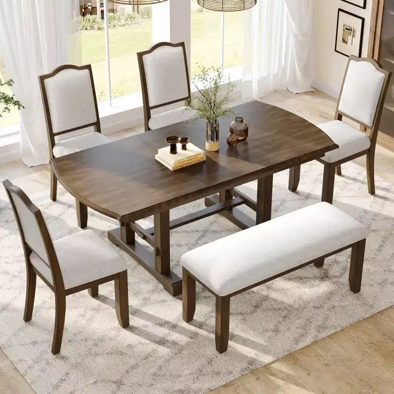 Farmhouse Extendable Dining Table Set for 6, 7 Pieces Wood Expanding Kitchen Table Set with 6 Upholstered Chairs