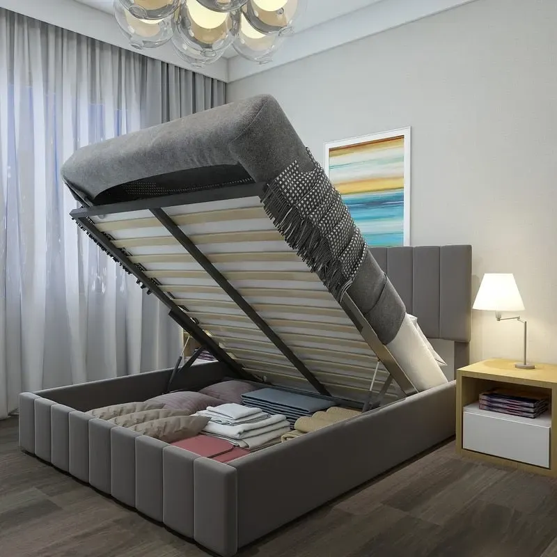 Queen Size Linen Upholstered Platform Bed with Lift Up Storage System