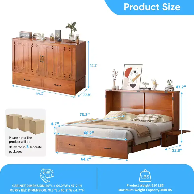 Mjkone Queen Murphy Bed with Mattress,Foldable Space-Saving Cube Cabinet Bed