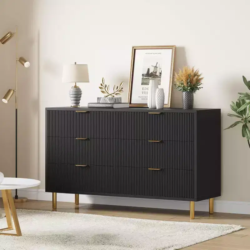 Modern 6-Drawer Dresser with Gold Handles and Fluted Panels, Spacious Storage