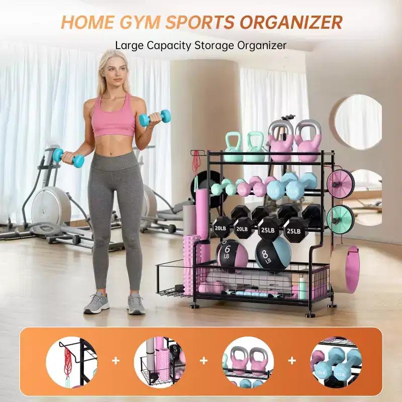 Compact 4-Tier Fitness Equipment Rack: Holds Dumbbells, Yoga Mats & More, Heavy-Duty Up to 22lbs, 18.4x15.55x10 Storage Organizer for Home Gyms