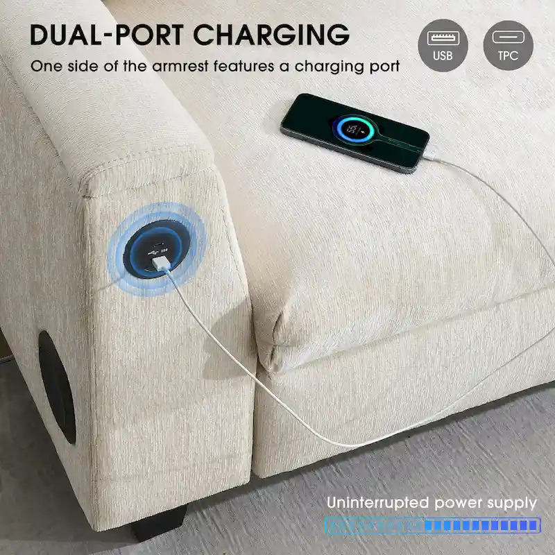 96 Chenille Smart Sectional Sofa with Bluetooth Speaker, Drop-Down Table & USB Charger and 3-Seater Cloud Couch