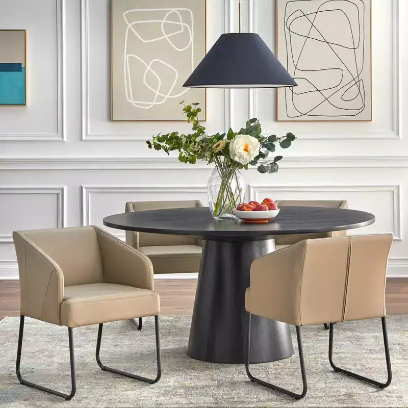 Buylateral Lucine 5pc 59" Modern Round Dining Set Black Table with Khaki Leather Dining Chairs