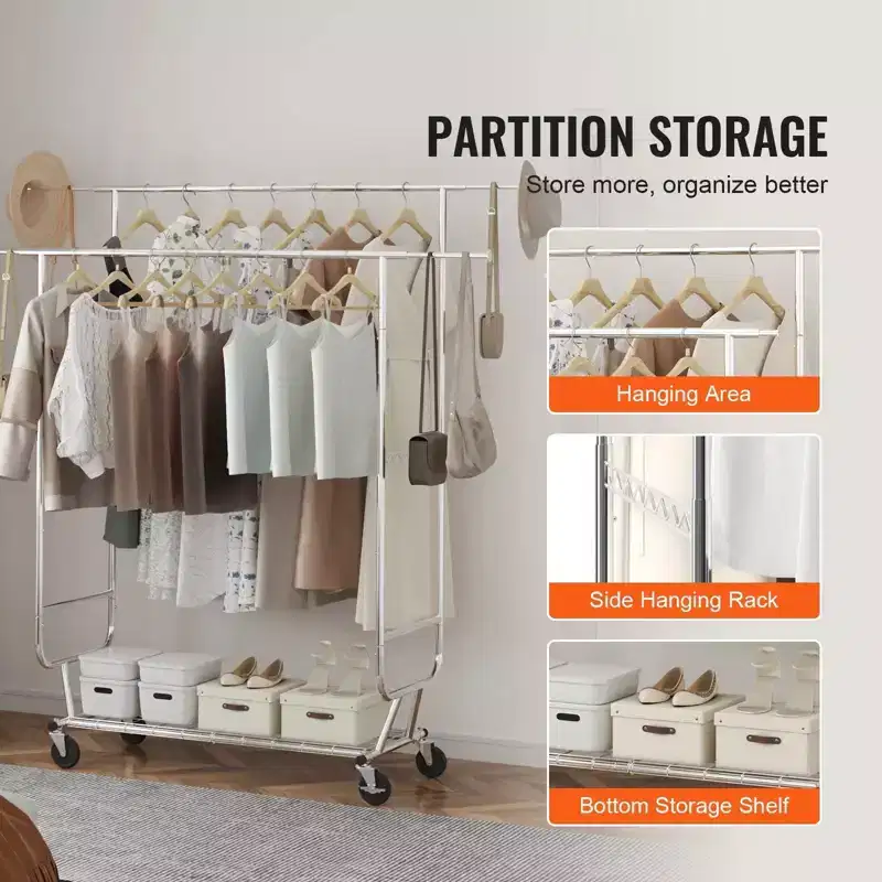 Heavy Duty Clothes Rack 600 lbs, Double Rod with Adjustable Height and Length