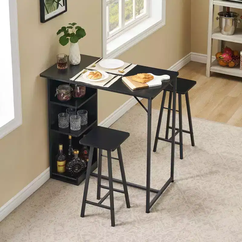 3 Pcs Bar Table and Stools Set, Metal Frame Dining Table and 2 Stools with 3 Tier Storage Shelves, Space Saving Breakfast Bar for Small Apartment