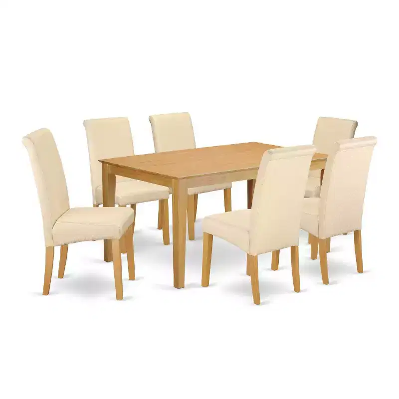 HomeStock 7-Pc Natural Oak Finish Solid Wood Top Dining Table with 6 Parson Chairs