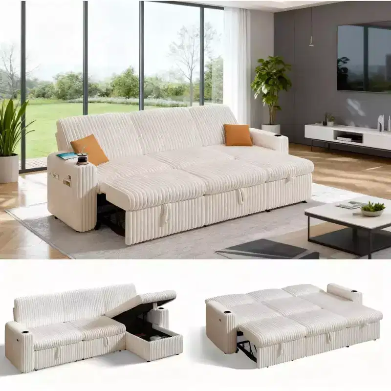 L-Shaped Sectional Sleeper Sofa with Pull-Out Bed, USB Ports & Storage
