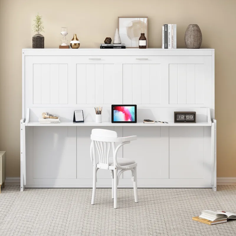 Wall Murphy Bed with Fold-Down Hydraulic Desk – White / Grey, Full / Queen, 1-2 Person Use