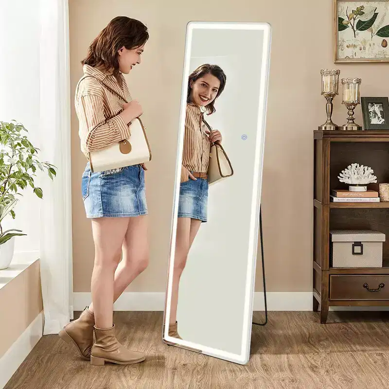LED Full-Length Mirror 64x21 Inch with 3-Color Lighting, Wall Mount or Freestanding, White