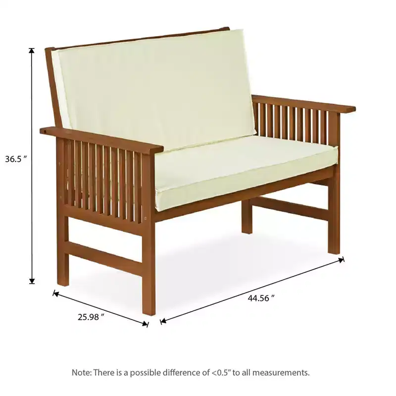HOMLUX Patio Solid Wood Garden Bench 2-Seat Chair with Seat Cushion & Inclined Backrest