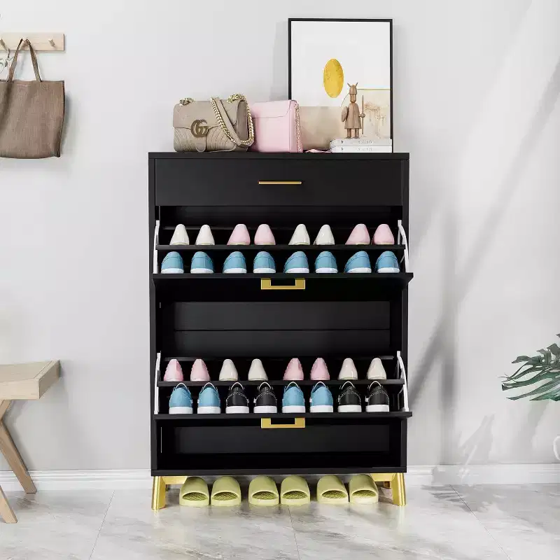 Shoe Cabinet, Slim 2 Flip Drawer MDF Shoe Organizer with Top Drawer, Anti-Tip, Space-Saving Storage