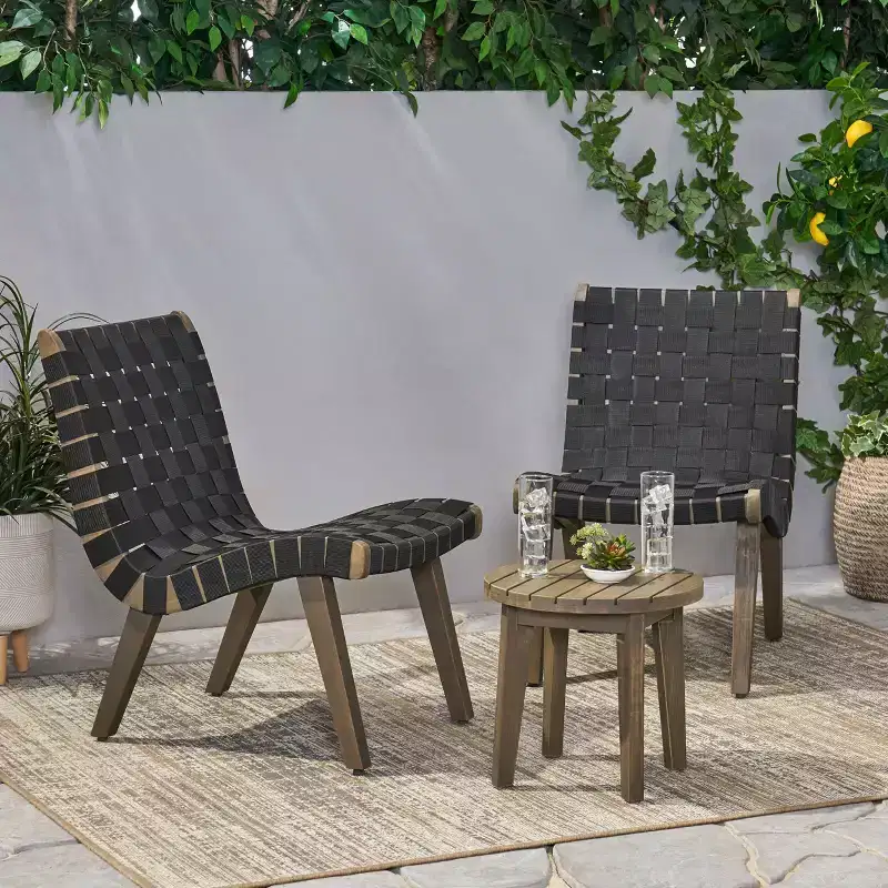 GDFStudio Ocilla Outdoor Acacia Wood and Rope Weave 3 Piece Chat Set, Black/Gray
