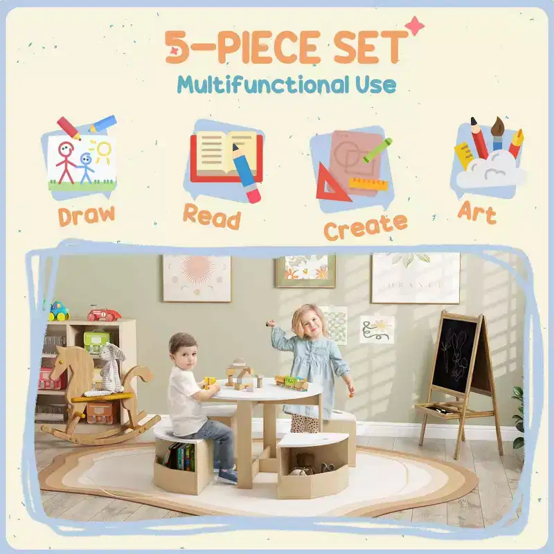 JVNOXK Children's Desk and Chair Set, 5-Piece Toddler Desk and Chair with Storage Space, Suitable for Playrooms, Daycare Centers White
