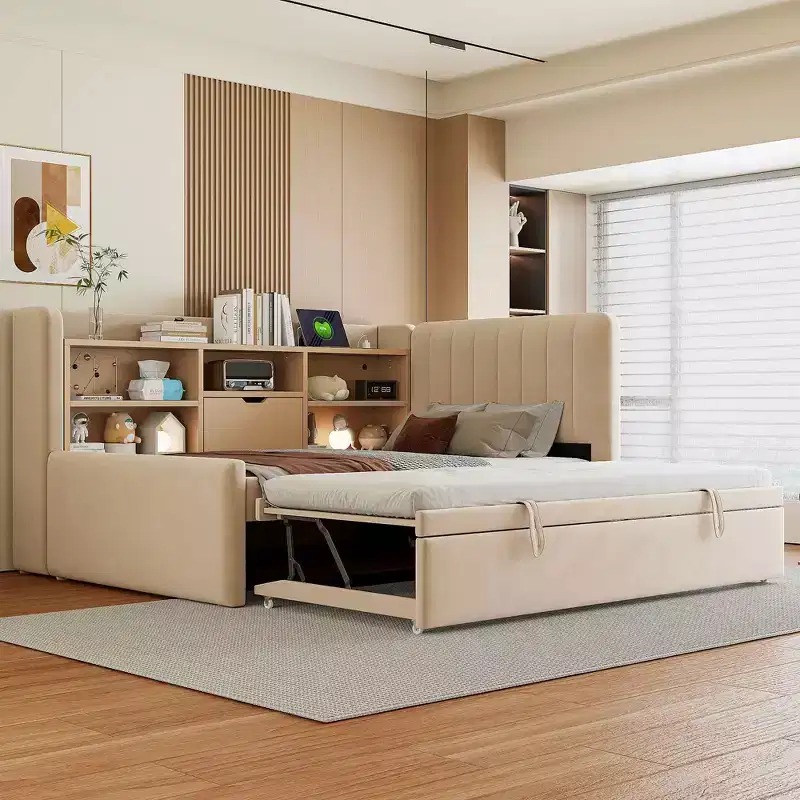 Twin Size Upholstered Daybed, Trundle Storage Shelves USB Outlet, Bedroom, Beige