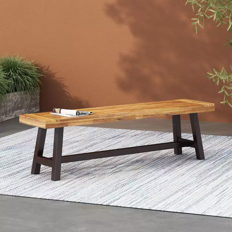 Christopher Knight Home Bowman Outdoor Acacia Wood 63 W Bench with Iron Legs