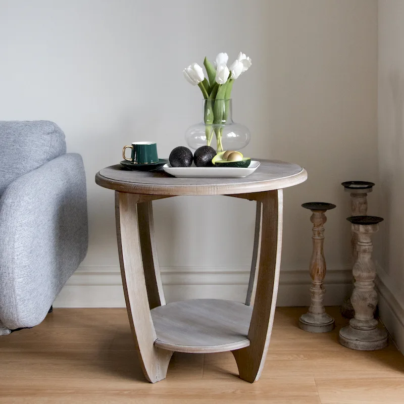Rustic Farmhouse End Table with Open Storage Shelf, V-Shaped Legs, Natural Wood Grain, 28W x 25H in