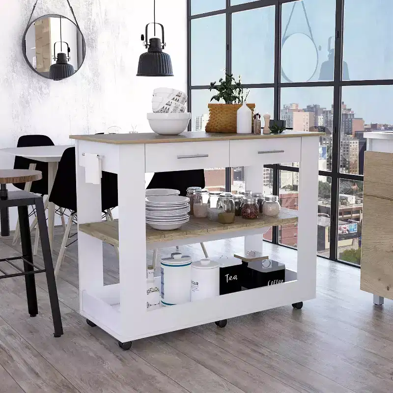 Okak 46IN Kitchen Island with 2 Open Shelves, Kitchen Cart with 2 Drawers and Metal Handles, Kitchen Island On Wheels for Dining Room, Kitchen, White