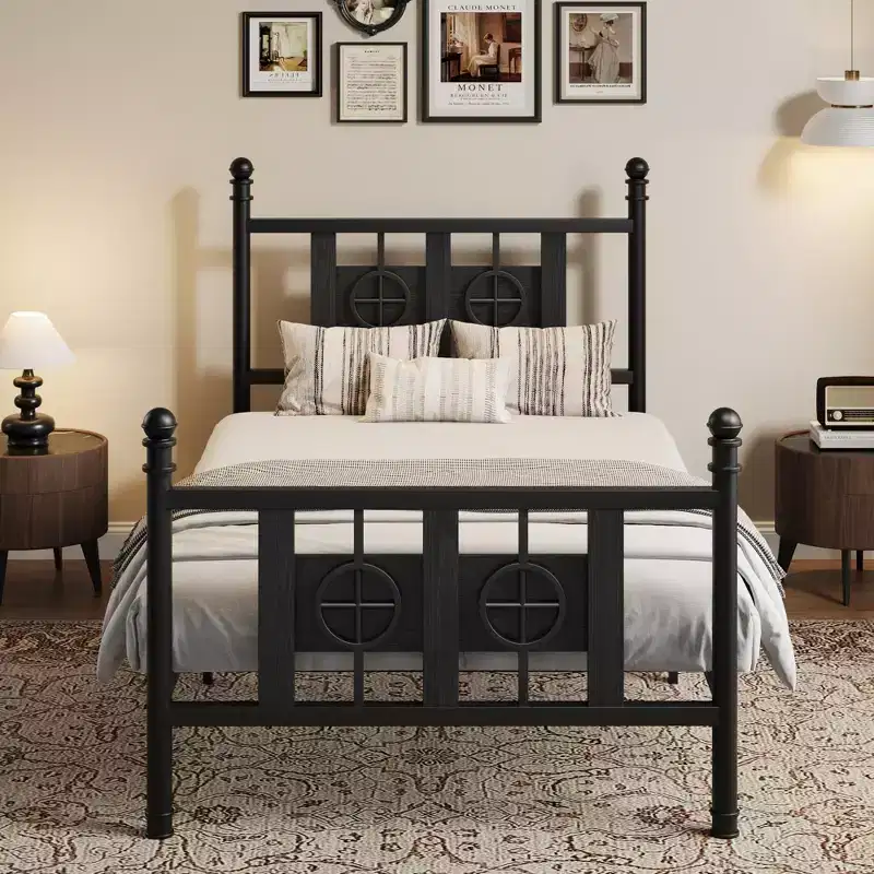 Industrial Metal Bed Frame, Noise-Free Platform with Under-Bed Storage and Circular Wood Design for Bedroom