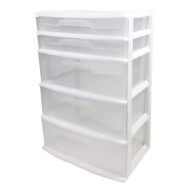 Homz Extra-Wide Plastic Storage and Organizer Tower with 5 Clear Drawers for Home, Office, Classroom, Craft, Art Supplies, Clothes, White Frame