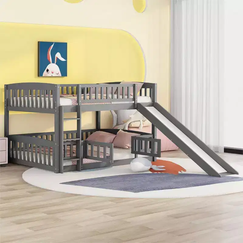 Full Size Wood Bunk Bed with Slide, Safety Fence and Ladder