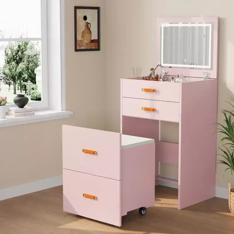 3 in 1 Vanity Desk, Makeup Desk with Flip-up 3 Colors Lighting Mirror and Cushioned Stool, Small Vanities Nightstand Perfect for Bedroom, Pink