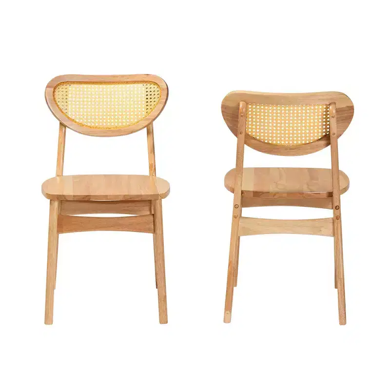Nenet Wood and Rattan Dining Chair Oak Brown/Light Brown: Mid-Century, Crescent Backrest, Angled Legs