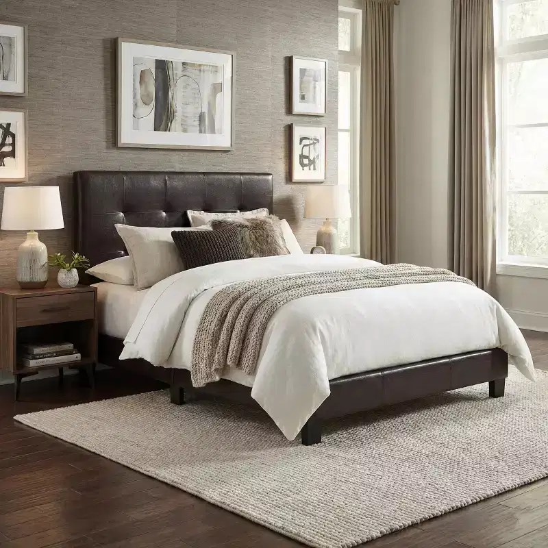 Brown Faux Leather Platform Bed Frame with Adjustable Headboard – Twin / Full