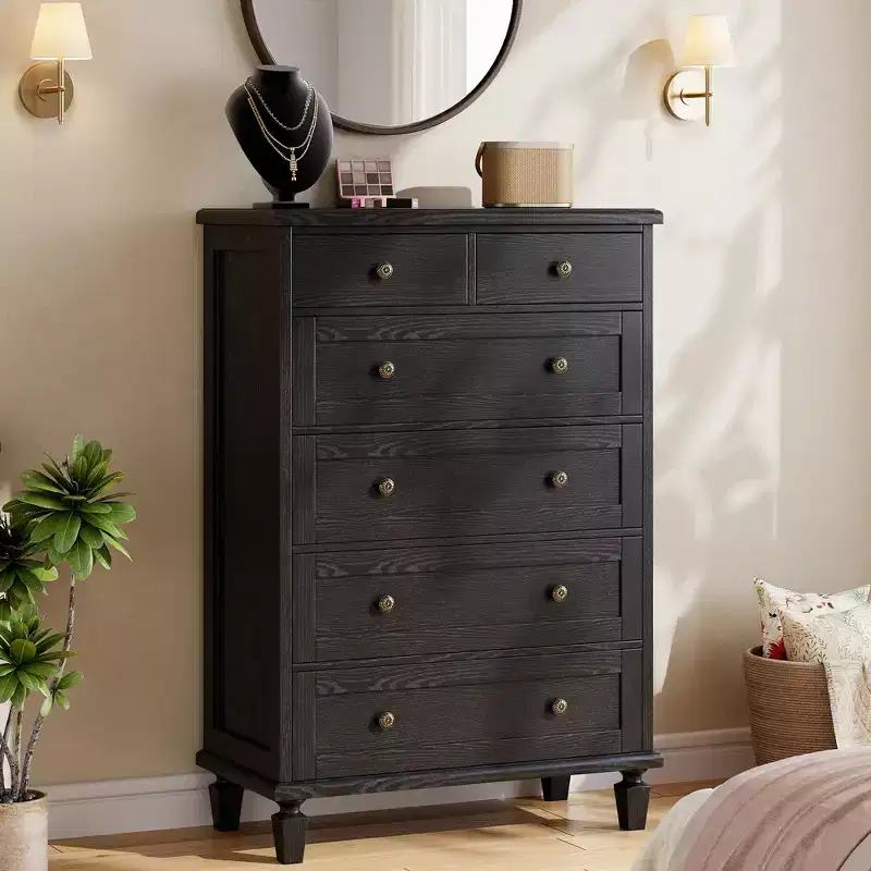 Vintage 6 Drawer Dresser with Tapered Legs, Wood Tall Chest of Drawers for Bedroom, Living Room, Entryway, Distressed Wood Finish