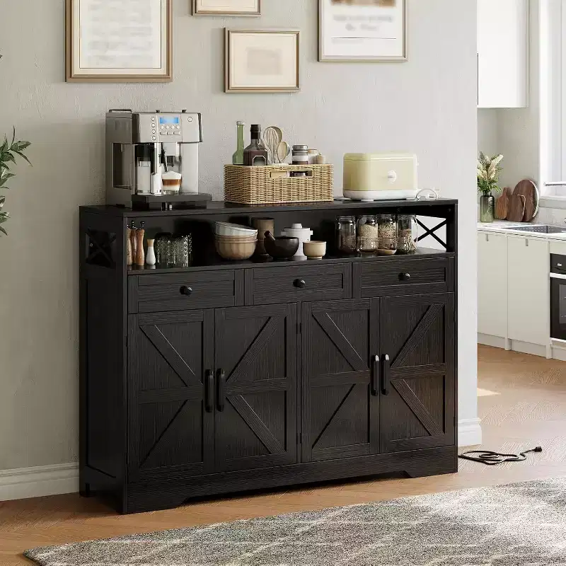 Farmhouse Black Sideboard Buffet Cabinet with Storage Shelf and Built-in Charging Station, 51-inch Large Coffee Bar Hutch,for Living Room,Dining Room