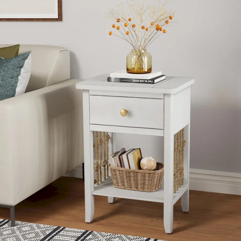 Distressed White End Table with Drawer - 14D x 18W x 26.4H