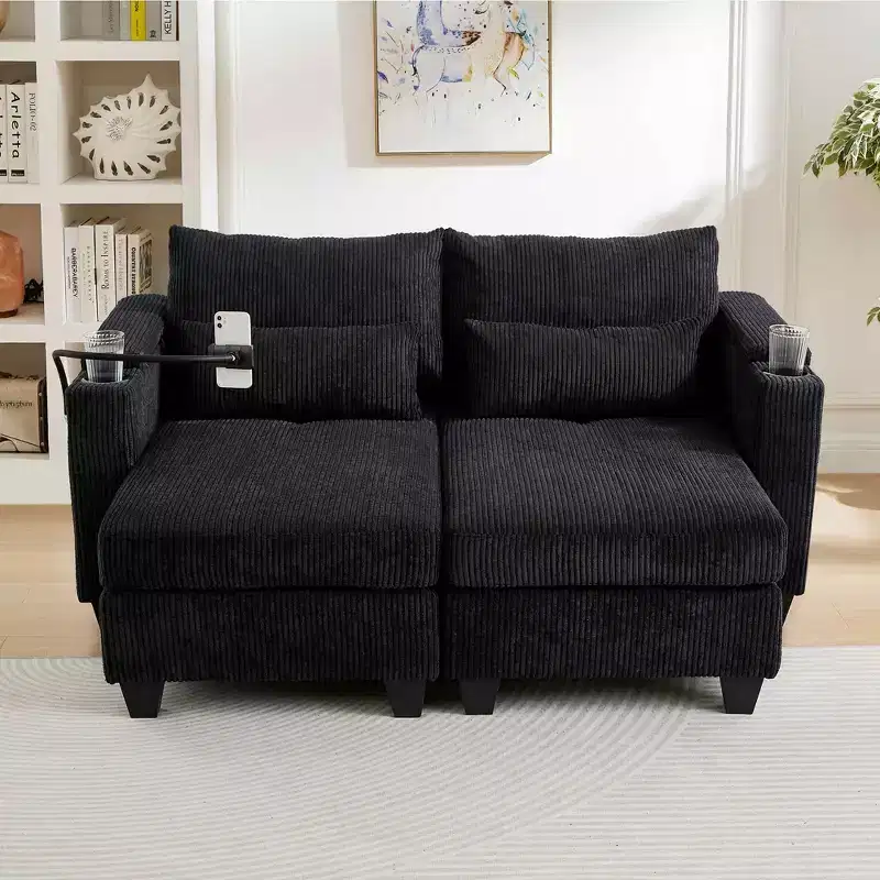 MAYEERTY Convertible Chaise Loveseat Sofa Bed Corduroy Sleeper Sofa with Ports Two Cup Holders for Living Room Black