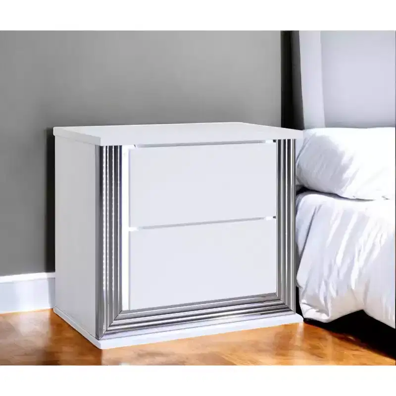 HomeRoots 25 White Solid and Manufactured Wood Lighted Two Drawer Nightstand