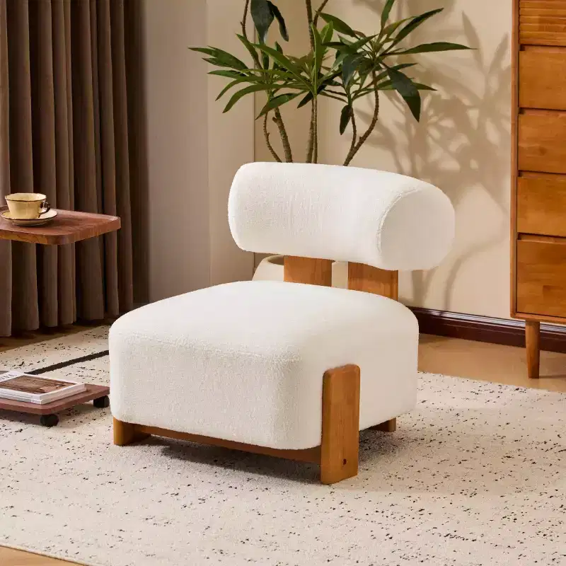 Modern Boucle Accent Chair with Rolled Backrest, Solid Wood Frame, Upholstered Accent Seating for Living Room, Bedroom, or Office