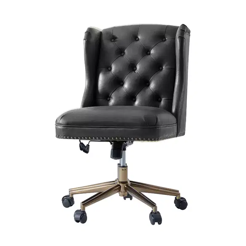 Hazel Traditional Faux Leather Wingback Office Chair — Tufted, Bronze Nailhead, Camel