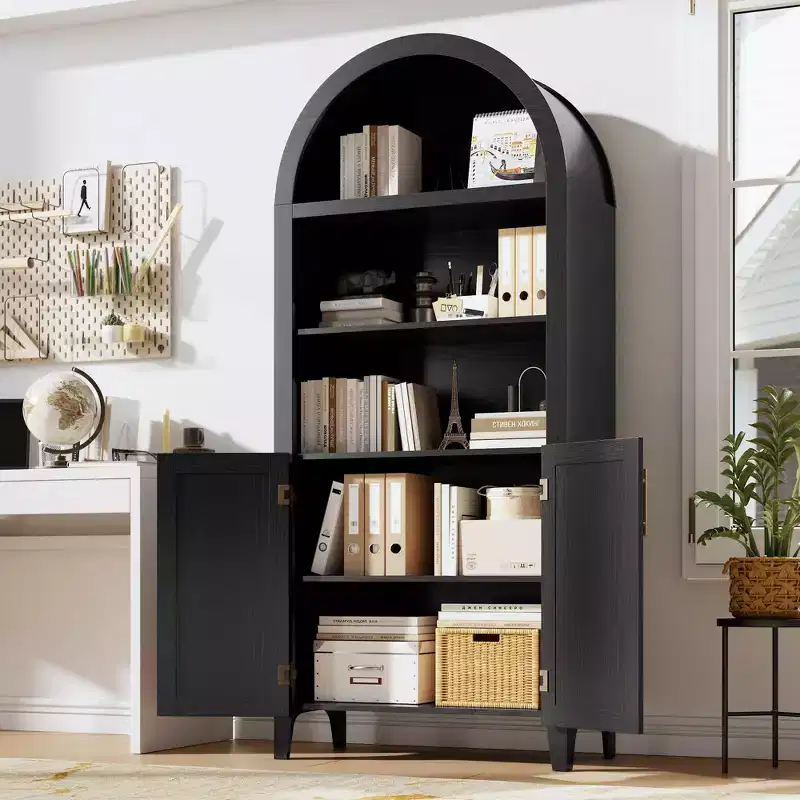 Arched Bookcase with Doors, 5-Tier Modern Bookshelf with Storage Cabinet, Open Display Shelf for Living Room Home Office