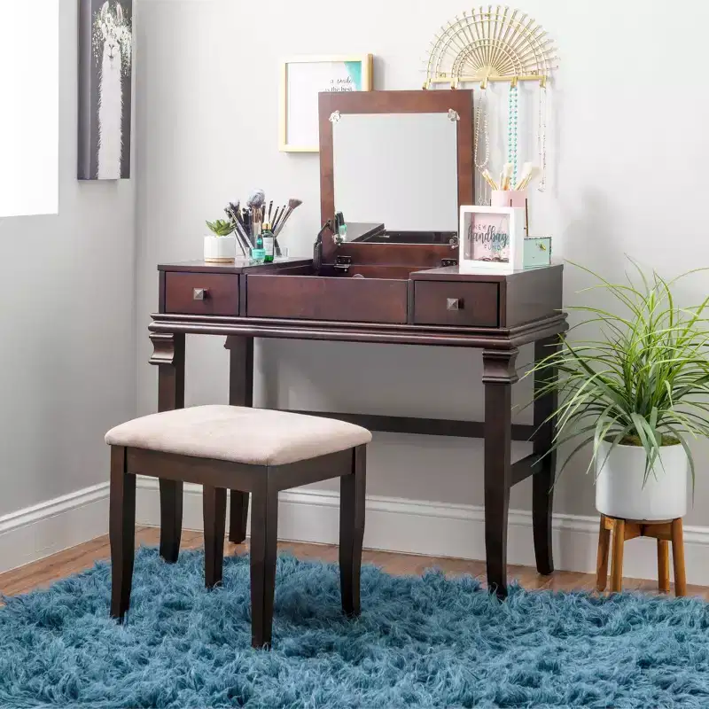 Traditional Walnut Wood Vanity with Flip-Up Mirror, 2 Drawers & Cream Upholstered Stool