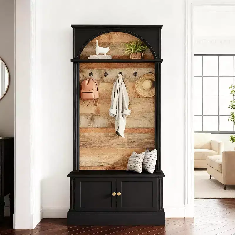 70.86-Inch Hall Tree with Storage Bench, 4-in-1 Design Entryway Bench with Coat Rack and 5 Hooks for Entryway, Hallway, Black & Brown