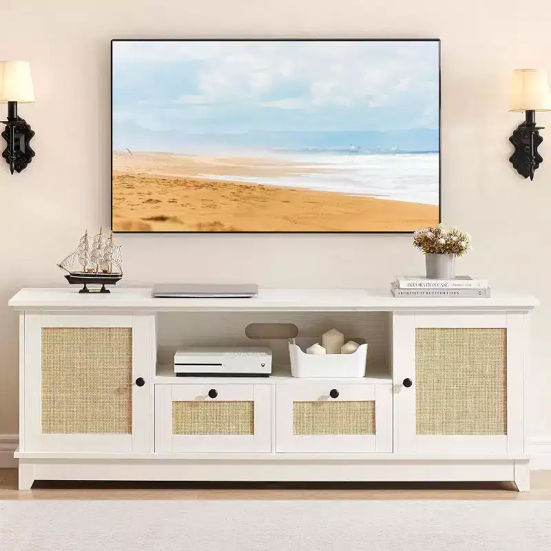 65 Inch Modern TV Stand with Rattan Mesh Doors - Stylish Media Console Cabinet with Storage Shelves for Living Room Entertainment