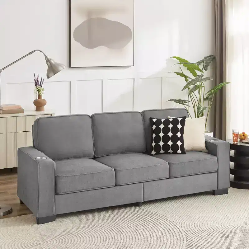 83.86 Inch Modern Snowfleece Couch,3-Seater Sofa with 2 Cup Holders for Living Room,Bedroom,Office,Apartment