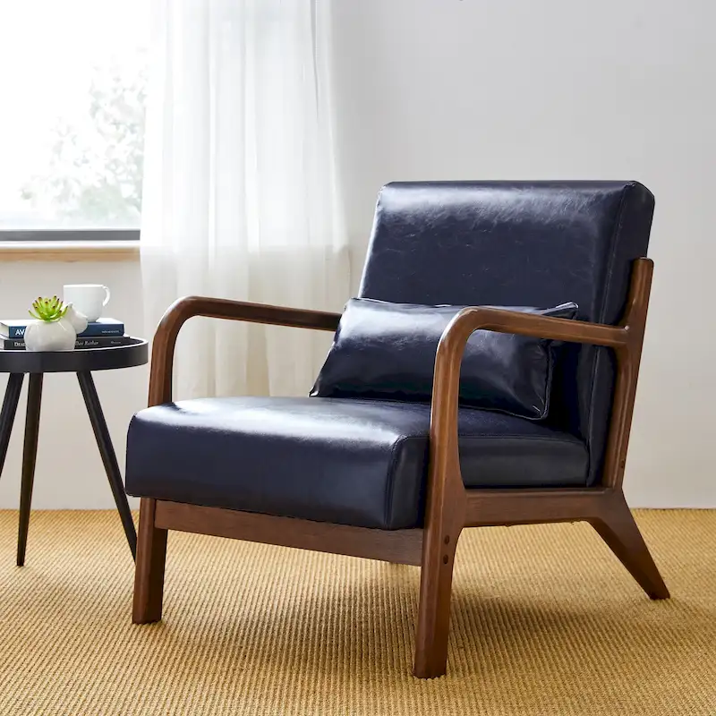 Glitzhome 30.75H Mid-Century Modern PU Leather Armchair Accent Chair with Pillow - 25.75W x 33.75D x 30.75H
