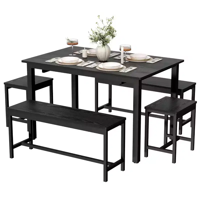 Extendable Dining Table with 2 Chairs and 2 Benches, Kitchen Dining Table for 4-6, Space Saving Breakfast Table