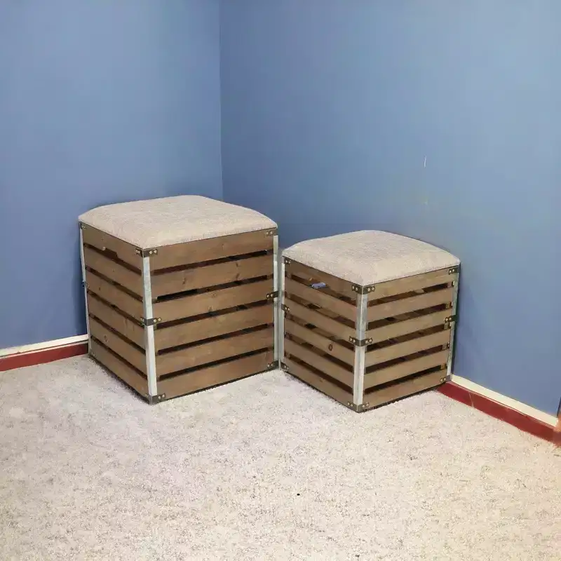 HomeRoots Set Of 2 Square Brown Linen Fabric And Wood Slats Storage Benches
